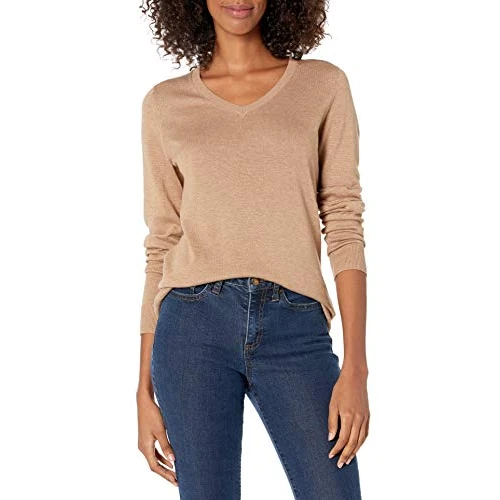 Zeitlich begrenztes Angebot: Amazon Essentials Damen Leichter Langarm-Pullover Mit V-Ausschnitt, Camel Heather, L von 20.00 € auf 12.85 € (36% Rabatt)