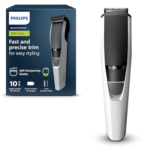 Philips Recortador de Barba Serie 3000, Teconología Lift & Trim, Cuchillas con puntas redondeadas, 10 posiciones ajustables, peine-guía, 100% resistente al agua, indicador de batería, modelo BT3206/14