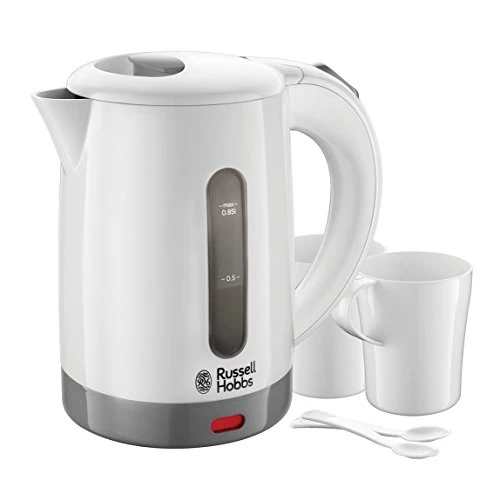 Russell Hobbs Hervidor de Agua Eléctrico Travel - 0,85 litros, 1000 W, Hervidor de Viaje, 2 Tazas y Cucharas, Filtro Extraíble, Indicador del Nivel de Agua, Plástico, Blanco - 23840-70