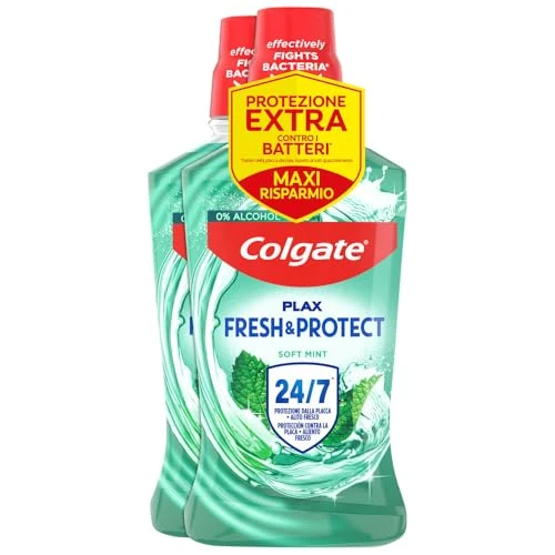 Offerta a tempo: Colgate Collutorio Plax Soft Mint Green 2 Confezioni da 500 ml I Con Ingrediente Antibatterico I Protezione dalla Placca per 24H I Gusto Menta I Rilascia una nuova piacevole sensazione di freschezza - 38% da 9.66 € a 5.99 €