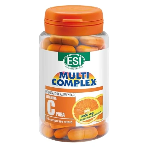 ESI - Multicomplex Vitamina C Pura Retard, Integratore Alimentare Massimo Dosaggio, a Rilascio Prolungato, Supporta il Funzionamento del Sistema Immunitario, Senza Glutine e Vegan, 90 Compresse
