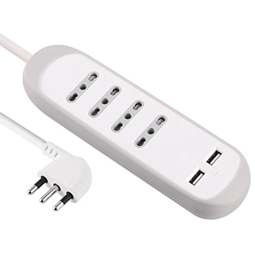 Electraline Mehrfachsteckdose, 4 Steckdosen für Euro-Flachstecker bzw. italienische Stecker, 10/16A, 2 USB 2.1 A - Buchsen, mit Abdeckung, rutschfestes Silikon, grau, 62061