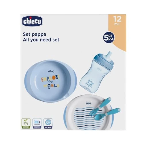 Offerta a tempo: Chicco Set Pappa 12M+, Contiene 1 Tazza, Set di 2 Piatti e Posate, Forchetta e Cucchiaio, Set Svezzamento Bambini, Azzurro, Bimbo - 36% da 29.90 € a 19.14 €
