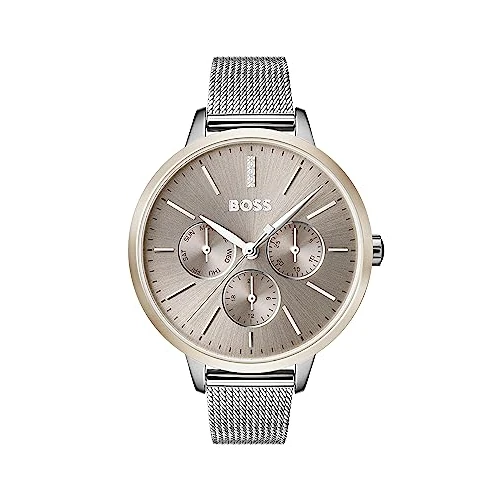 BOSS Women's 38mm Analogue Multifunction Quartz Watch SYMPHONY Collection with Carnation Gold Sunray Dial and Silver Stainless Steel Mesh Bracelet, 3 Sub-Dials, 3ATM Water Resistance - 1502423