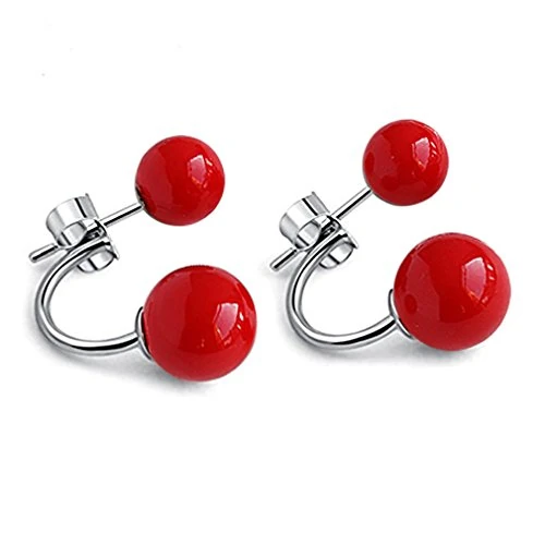YAXUN Boucles d'oreilles pour Femme en Argent 925 Boucles d'oreilles Clous d'oreilles Double Rouge Perles Bijoux De Mode - Cadeau De Vacances Parfait