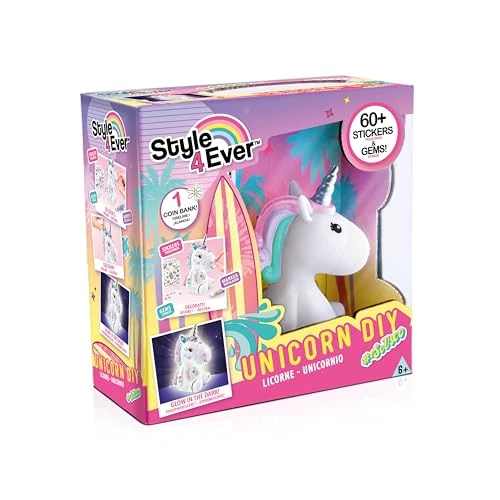 Canal Toys - Style 4 Ever - Licorne à Customiser pour Enfants - Idée Cadeau Enfant 6 Ans+ - Activité Manuelle - Loisirs Créatif - Licorne Tirelire - Brille dans Le Noir - 60 Stickers - OFG 106