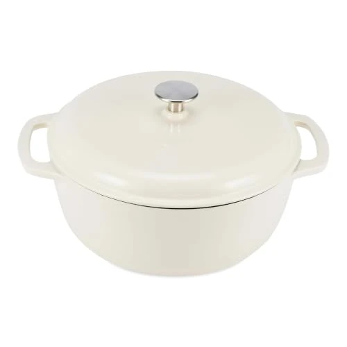 Limited-time offer: Amazon Basics Enamelled Cast Iron Dutch Oven Casserole with Lid, Heavy-Duty, Round, 5.7 L, White from 31.49 £ to 31.49 £ (save 0.00%)