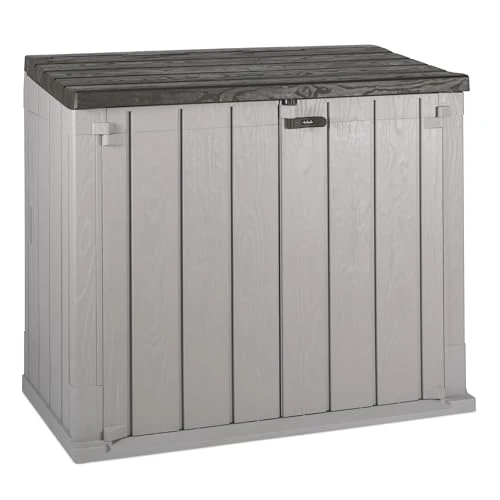 Offerta a tempo: TOOMAX Stora Way Baule da 842L portattrezzi effetto legno grigio talpa/marrone in plastica resistente 129,5x74,5x111h cm, porta bidoni spazzatura, con chiusura a chiavistello, ideale per giardino - 0.00% da 159.40 € a 159.40 €