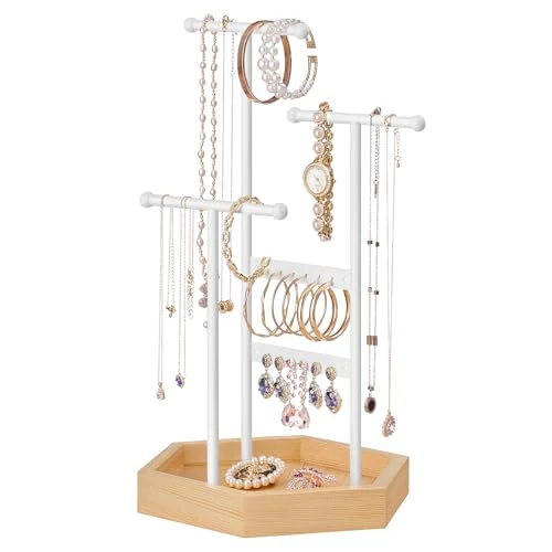 Offerta a tempo: SONGMICS Espositore Portagioie, Porta Collane e Orecchini, 4 Partizioni, Supporto per Gioielli, in Metallo, Supporto per Bracciali Anelli, Idea Regalo, Bianco e Naturale JJS03NW - 21% da 14.99 € a 11.80 €