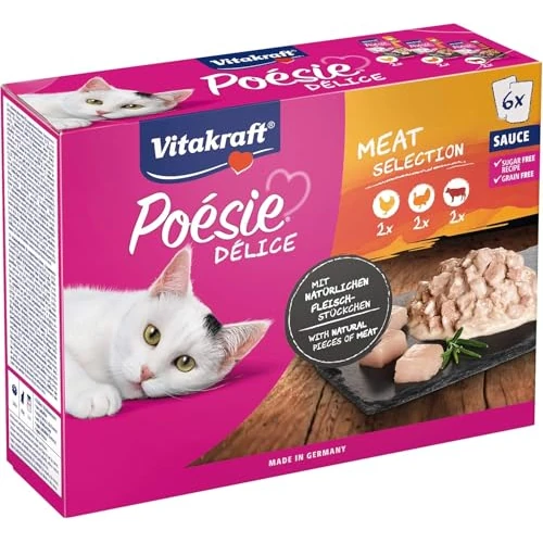 Offerta a tempo: Vitakraft Poésie Délice, cibo umido gatti, pollo,tacchino e manzo (6x 85 g) | cibo per gatti adulti, in salsa, in pratiche bustine monodose, senza zuccheri aggiunti né cereali - 50% da 6.99 € a 3.49 €