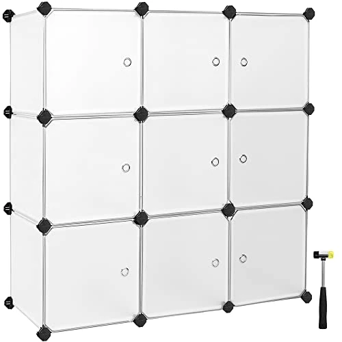 SONGMICS Meuble de Rangement Modulable, 9 Cubes, Étagère en Plastique, avec Portes, pour Vêtements, Chaussures, Livres, Assemblage Facile, Blanc LPC116WS