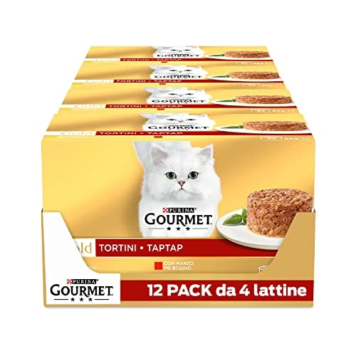 Gourmet Purina Gold Terrines, natvoer voor katten, met rundvlees en kip, 85 g per stuk, 48 blikjes (12 dozen van 4 x 85 g)