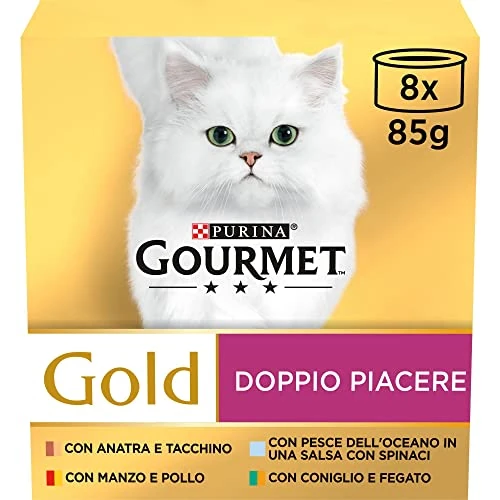 Offerta a tempo: GOURMET Gold Doppio Piacere Cibo Umido per Gatti Adulti Bocconcini con Manzo, Pollo, Coniglio, Fegato, Pesce dell'Oceano, Anatra e Tacchino 96 Lattine da 85g - 26% da 63.48 € a 46.68 €