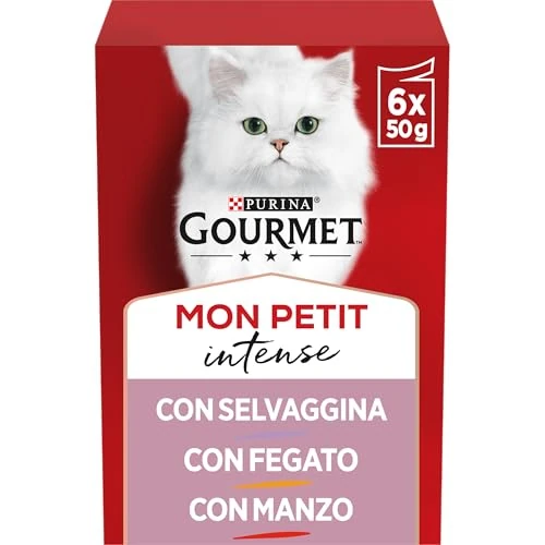GOURMET Mon Petit Intense Cibo Umido per Gatti Adulti Filettini con Manzo, Fegato e Selvaggina 48 Buste da 50g