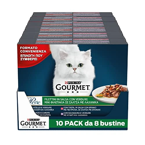 Gourmet Perle filettini in Salsa For The Cat, with Vegetables with Calf, Game, Beef, Trout, 8 x 85 g – (Pack of 10)