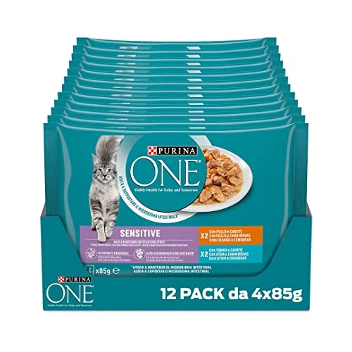 Offerta a tempo: Purina One Sensitive Umido Gatto Pollo e Carote e Tonno e Carote, 48 Buste da 85g - 47% da 49.80 € a 26.28 €
