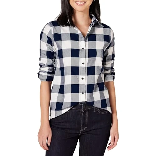 Amazon Essentials Camicia in Flanella Leggera a Maniche Lunghe, Vestibilità Classica Donna, Blu Marino Buffalo Plaid, XL