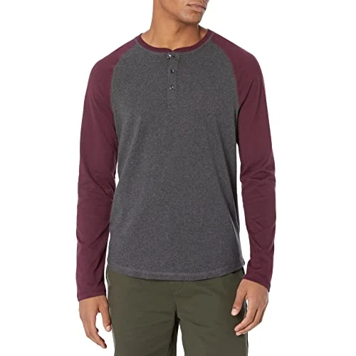 Amazon Essentials Camisa Henley de Manga Larga de Ajuste Entallado Hombre, Carbón Mezcla/Burdeos, XL
