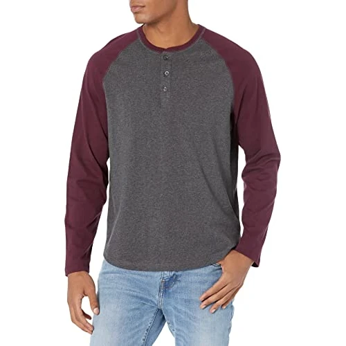 Limited-time offer: Amazon Essentials Men's Long Sleeve Henley Shirt for Men, Regular-Fit, Cotton, Available in Big & Tall, Charcoal Heather/Burgundy, Medium from $13.60 to $13.60 (save 0.00%)
