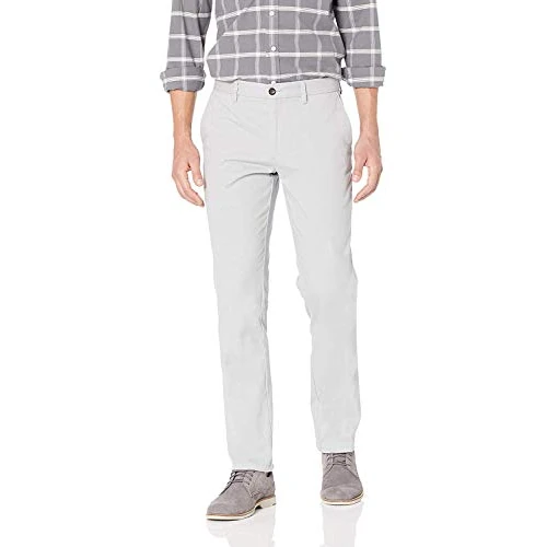 Amazon Essentials Pantalones de Trabajo de Corte Ajustado y de Estilo Chino, Resistentes a las Arrugas y sin Pinzas Hombre, Gris, 33W / 28L