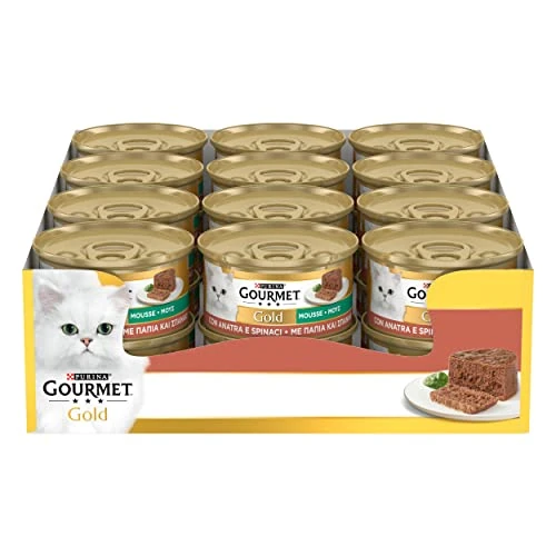Purina Gourmet Gold Wet Cat Mousse with Duck and a Touch of Spinach, 24 Cans of 85g Each, Pack of 24 x 85g