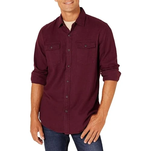 Offerta a tempo: Amazon Essentials Camicia in Flanella vestibilità Regolare a Maniche Lunghe con Due Tasche Uomo, Bordeaux Puntinato, XS - 25% da 25.70 € a 19.40 €