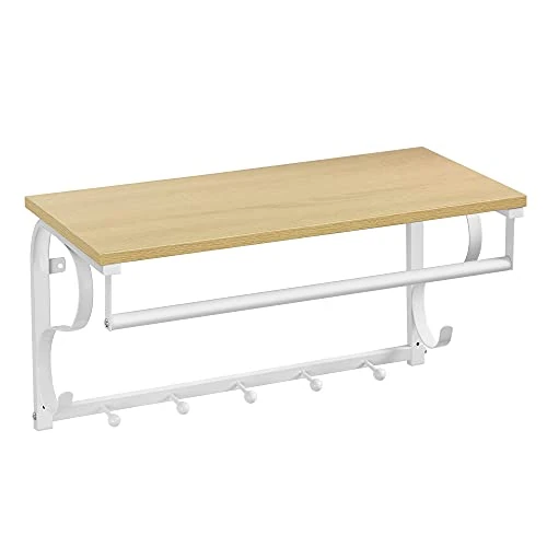 Offerta a tempo: VASAGLE Appendiabiti da Parete con Mensola, Attaccapanni con Barra, 5 Ganci Appendini, Stile Moderno, per Corridoio, Bagno, Soggiorno, Colore Rovere e Bianco LCR11WY - 20% da 29.99 € a 23.99 €