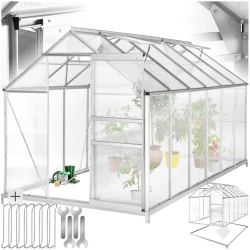 TecTake Greenhouse polycarbonate aluminium growhouse with window and sliding door 375x185x195 cm - different models - (375x185x195 cm with foundation | no. 402478)