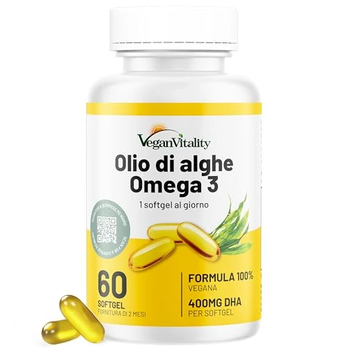 Omega 3 Vegan Huile d'algues 400 mg DHA par capsule, 60 capsules, soit 2 mois d'huile vegetale. Remplace huile de foie de morue, convient à tous les régimes vegan/végétariens.