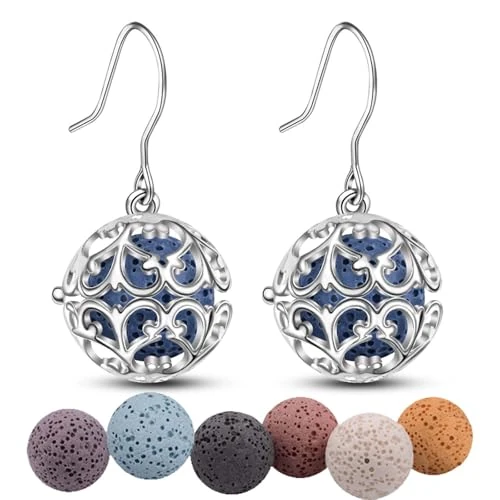 INFUSEU Orecchini Diffusore Di Oli Essenziali, Iris Plaqué Argent Orecchini a Goccia Per Donna Essenziale Ciondolo Diffusore a Vita in Rattan Locket Placcato Argento Con 6 Paia Pietre Lava 12mm