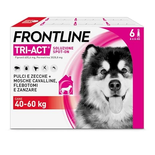 Offerta a tempo: Frontline Triact, 6 Pipette, Cane XL (40-60Kg), Antiparassitario Per Cani E Cuccioli Di Lunga Durata, Protegge Il Cane Da Pulci, Zecche, Zanzare, Pappataci E Leishmaniosi, Antipulci 6 Pipette - 47% da 78.70 € a 41.97 €