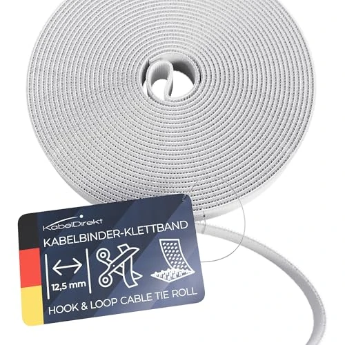 KabelDirekt – Abrazaderas para cables 12,5mm x 5m – Corte a medida, reutilizable (rollo de cinta de para cortar, hook and loop resellable, conecta cables y mucho más) blanco