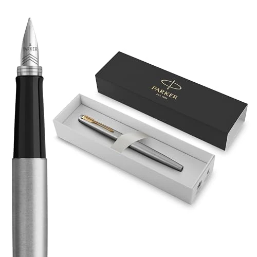 Oferta limitada: Parker Jotter pluma estilográficacuerpo de acero inoxidable con adorno doradoplumín mediano y tinta azulen estuche de regalo de 32.93 € a 25.40 € (ahorro 23%)