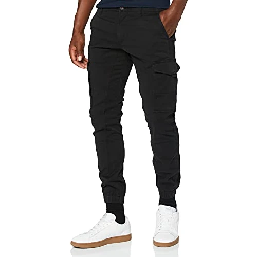 Mann JACK & JONES Broek Cargo Jogger Pantalon PAUL FLAKE AKM 542 Twill Denim Elastische Taille, Colour:Black, Pant Size:32W / 32L
