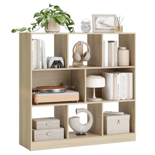 VASAGLE Bücherregal, Regal, Würfelregal, Standregal, 8 offene Fächer, horizontal, vertikal oder kopfüber verwendbar, 30 x 97,5 x 100 cm, für Wohnzimmer, Arbeitszimmer, Büro, eichenfarben LBC52NL