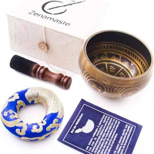Tibetan Singing Bowl Zenamaste® (350 g / 8.9 cm) - Meditation bowl - Hand Made In The City Of Bhaktapur, Nepal | + Nepalese Paper Box | + Cushion | + Wooden Mallet