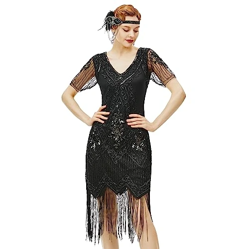 Limited-time offer: BABEYOND 1920s Women's Flapper Dress with Short Sleeves Gatsby Theme Party Women's Costume Dress, black, M from 37.99 GBP to 37.99 GBP (save 0%)
