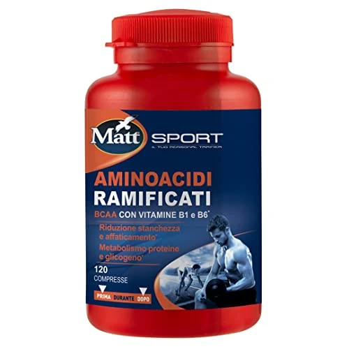 Offerta a tempo: Matt Sport, Integratore Alimentare Aminoacidi Ramificati, BCAA con Vitamine B1 e B6, Contribuisce a Ridurre Stanchezza e Affaticamento, Ideale per il Metabolismo di Proteine e Glicogeno, 120 Compresse - 14% da 20.90 € a 17.91 €