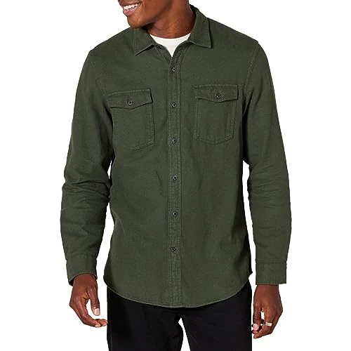Amazon Essentials Chemise en Flanelle, à Manches Longues, Deux Poches, Coupe Ajustée Homme, Vert Olive Chiné, M