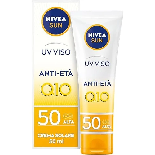 Offerta a tempo: NIVEA SUN UV Anti-Età FP 50 in tubetto da 50 ml, Crema viso antirughe con Coenzima Q10, Crema solare viso 50 antimacchia e anti-età per uso giornaliero - 80% da 13.99 € a 2.86 €