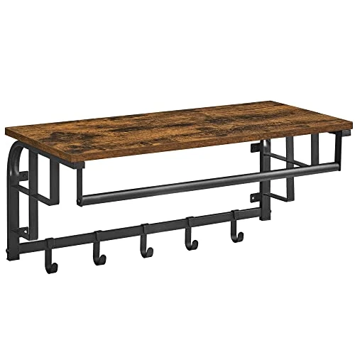 Offre limitee: VASAGLE Porte-Manteau Mural avec Étagère de Rangement, Étagère Murale avec 5 Crochets Amovibles, Étagère Suspendue avec Tringle, pour Entrée, Chambre, Salon, Marron Rustique et Noir LCR12BX de 25.99 EUR a 18.81 EUR (economie 28%)