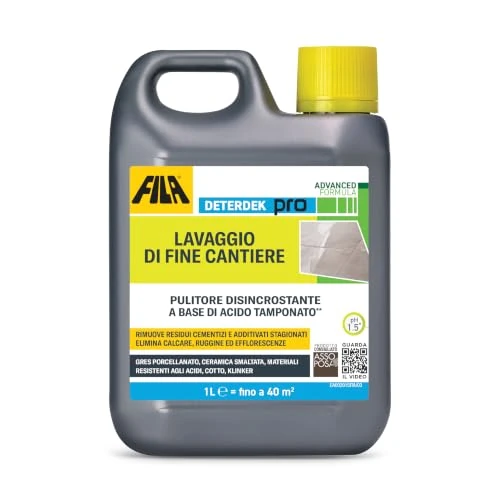 Offerta a tempo: FILA DETERDEK PRO Disincrostante Acido Tamponato per Pulizia Dopo Posa - 1L | Detergente, Rimuove residui cementizi e sporco, macchie di ruggine e calcare da gres porcellanato, cotto o ceramica - 0.00% da 11.63 € a 11.63 €