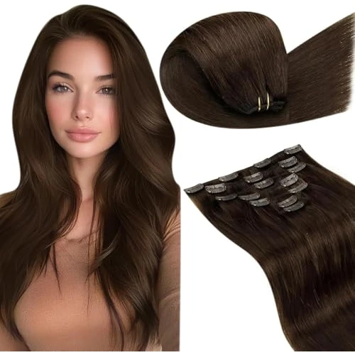 Zeitlich begrenztes Angebot: LaaVoo Clip in Extensions Echthaar Braun 55cm Lang Extensions Clip Echthaar Dunkelbraun Natürliche Haarverlängerung Echthaar Clips Doppelt Tressen 120g 7Stück #4 von 108.99 € auf 108.99 € (0.00% Rabatt)