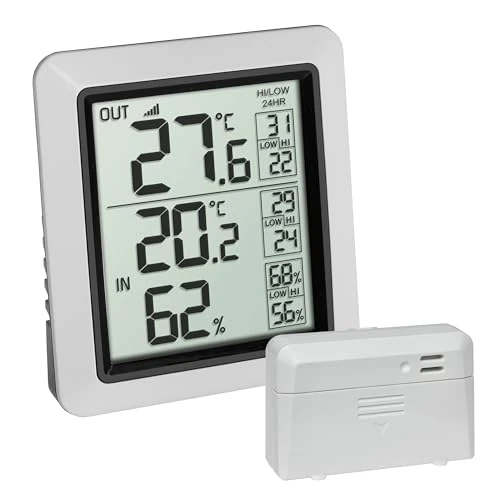 TFA Dostmann draadloze thermometer INFO, 30.3065.02, Binnenklimaatcontrole door temperatuur en vochtigheid met precisiesensor, buitentemperatuur, max.-min. waarden, wit, (L) 77 x (B) 22 x (H) 86 mm
