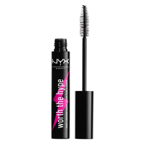 NYX Professional Makeup Máscara de pestañas Worth the Hype Mascara, Volumen y longitud, Cepillo de punta cónica llega a todas las pestañas, Aceite de jojoba, Tono: Negro