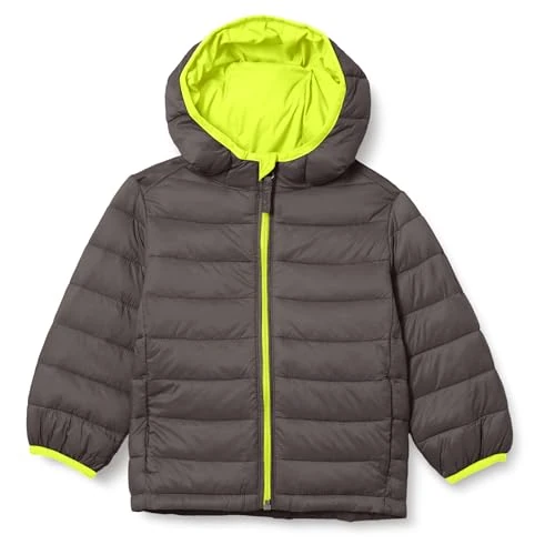 Amazon Essentials Boys' Lightweight Water-Resistant Packable Hooded Puffer Coat, Dark Grey Neon Yellow, Small