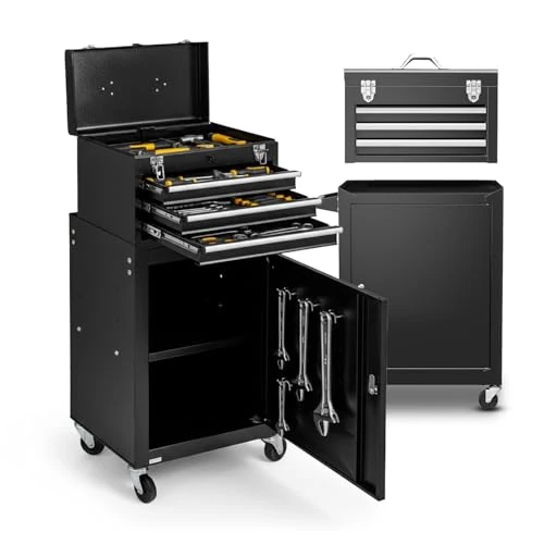 DAIMANN Carrello Porta Attrezzi Officina in Metallo - Banco da Lavoro Mobile con 3 Cassetti Scorrevoli e Armadietto con Serratura - 4 Ruote Girevoli e Maniglia Ergonomica - Organizer per Garage