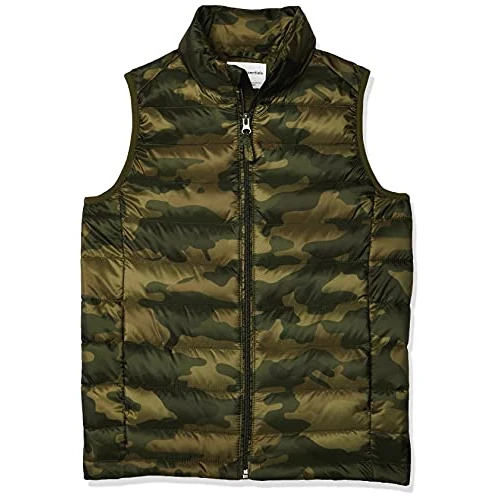 Amazon Essentials Boys' Lightweight Water-Resistant Packable Hooded Puffer Vest, Green Camo, 5 Years