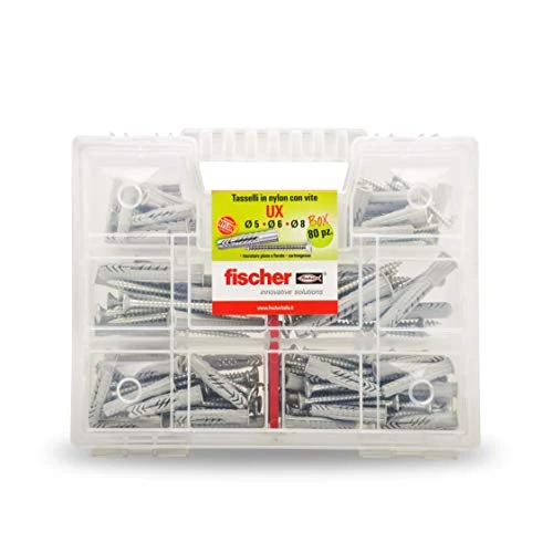 Offerta a tempo: Fischer KIT UX, Valigetta 80 Tasselli UX con vite Assortiti per Fissaggio su Muro pieno, Mattone forato, Cartongesso, 544257 — 21% da 26,66 € a 21,10 €