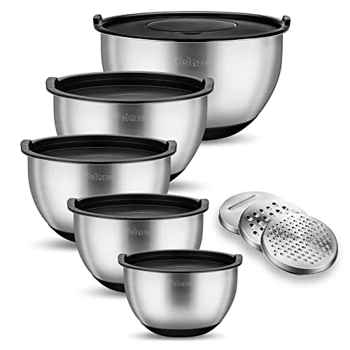 Limitiertes Angebot: Velaze Edelstahl Schüssel Set, 5 Stück Salatschüssel mit Deckel, Rührschüssel mit 3 Reibeneinsatz, Rutschfester Silikonboden, 5L+3L+2L+1.5L+1L Verschiedene Größen für Verschiedene Bedürfnisse, VQS-5 von 49.99 EUR auf 49.99 EUR (Spare 0%)